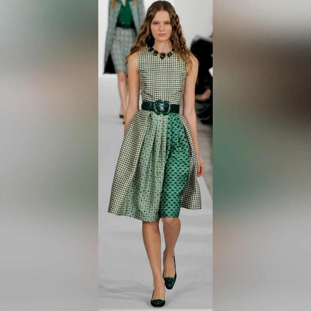 $2,900 OSCAR DE LA RENTA FLORAL DIAMOND GREEN SILK LINED RUNW DRESS US 14 XL